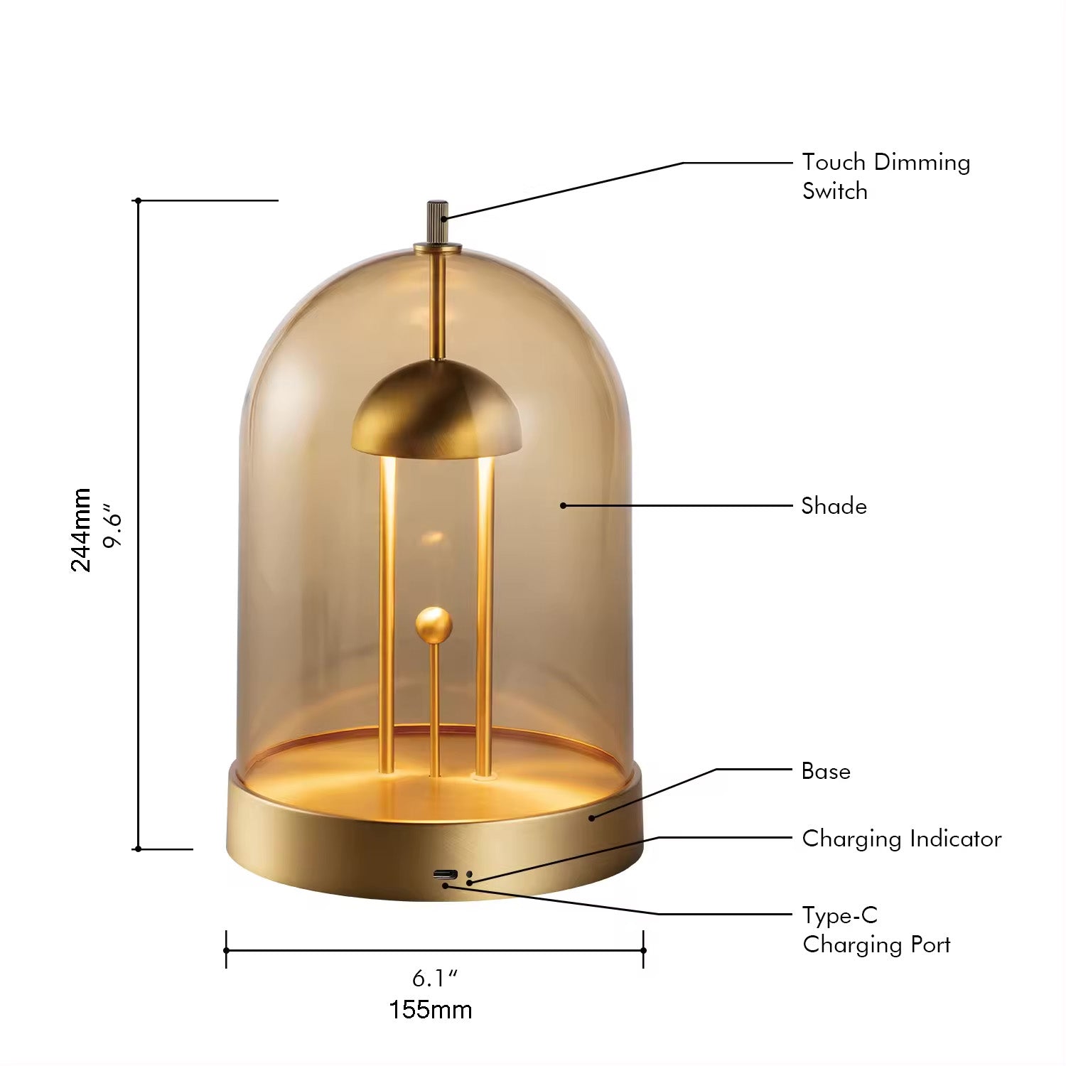 Kabellose Tischlampe Ambers Struktur- und Größenübersicht，Maße: Ø155x244mm.