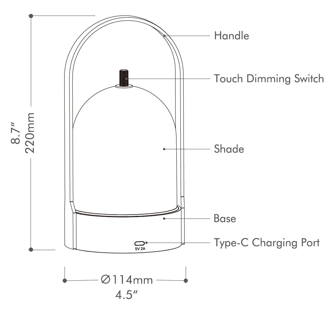 Die strukturelle Darstellung und Maßzeichnung  der kabellosen Tischlampe Dawn. Die Abmessungen betragen Ø114X220mm.