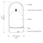 Die strukturelle Darstellung und Maßzeichnung  der kabellosen Tischlampe Dawn. Die Abmessungen betragen Ø114X220mm.