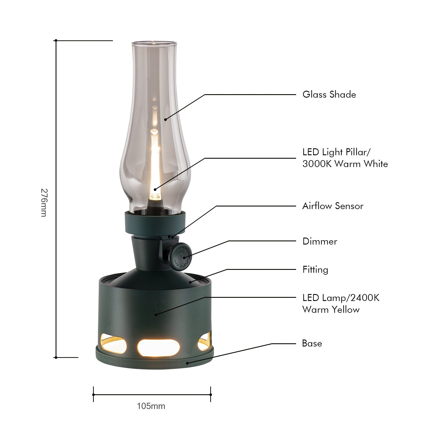 Struktur- und Maßzeichnung von der kabellosen Tischlampe OldDays. Die Abmessungen von Old Days betragen Ø105x276mm.